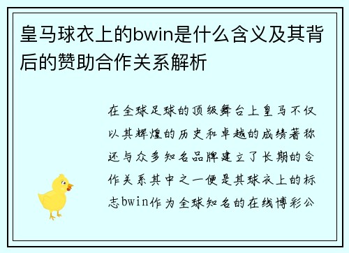 皇马球衣上的bwin是什么含义及其背后的赞助合作关系解析