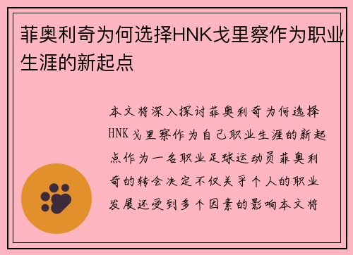 菲奥利奇为何选择HNK戈里察作为职业生涯的新起点